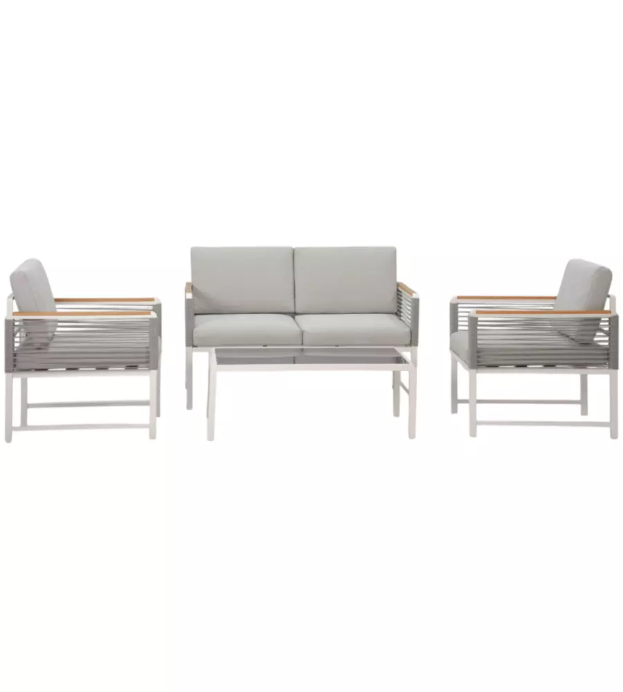 SET DA GIARDINO RIVIERA "PAPAVERO" BIANCO E GRIGIO CHIARO CON 4 POSTI E TAVOLINO