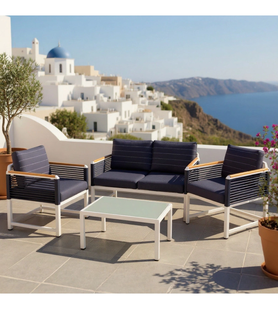 SET DA GIARDINO RIVIERA "PAPAVERO" BIANCO E BLU CON 4 POSTI E TAVOLINO