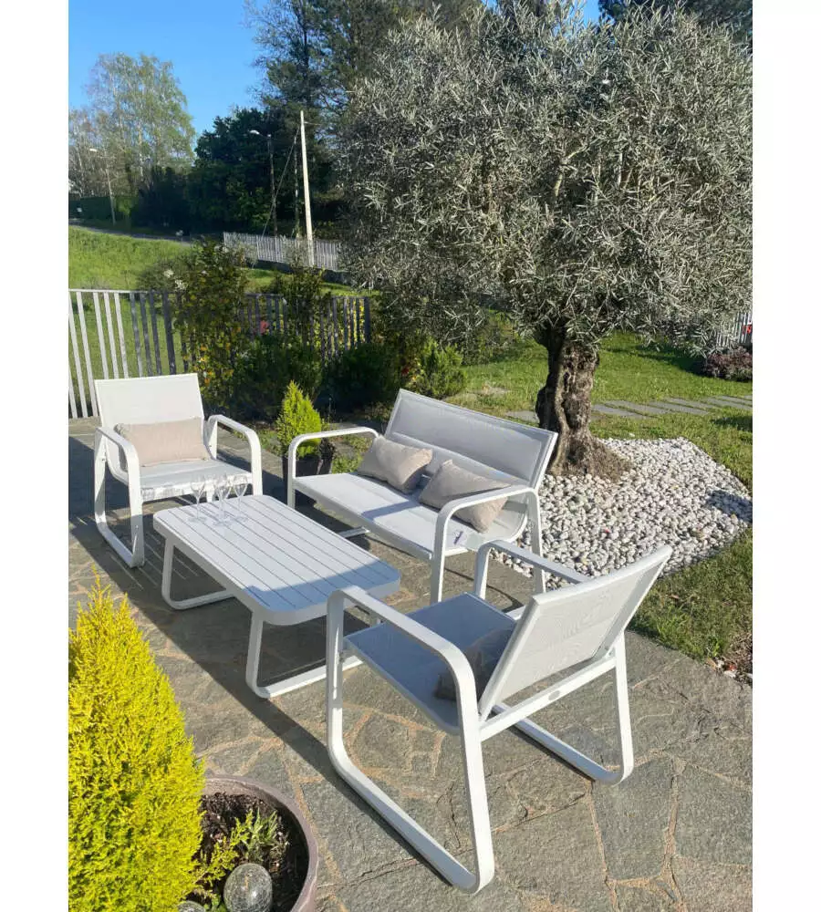 SET DA GIARDINO RIVIERA "ANTEMIDE" BIANCO E GRIGIO CHIARO CON 4 POSTI E TAVOLINO