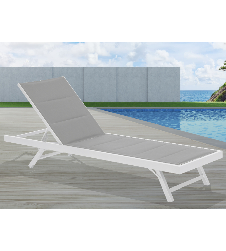 LETTINO PRENDISOLE RIVIERA "AGAVE" CON SCHIENALE REGOLABILE IN ALLUMINIO E TEXTILENE IMBOTTITO BIANCO E GRIGIO 196X62X92,5 CM