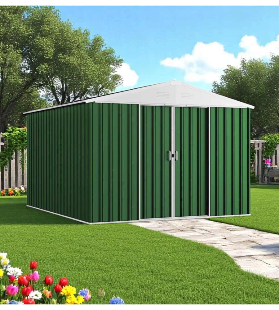 CASETTA DA GIARDINO DOMUS "L NEW" IN METALLO VERDE CON PORTE SCORREVOLI 267X173X194 CM