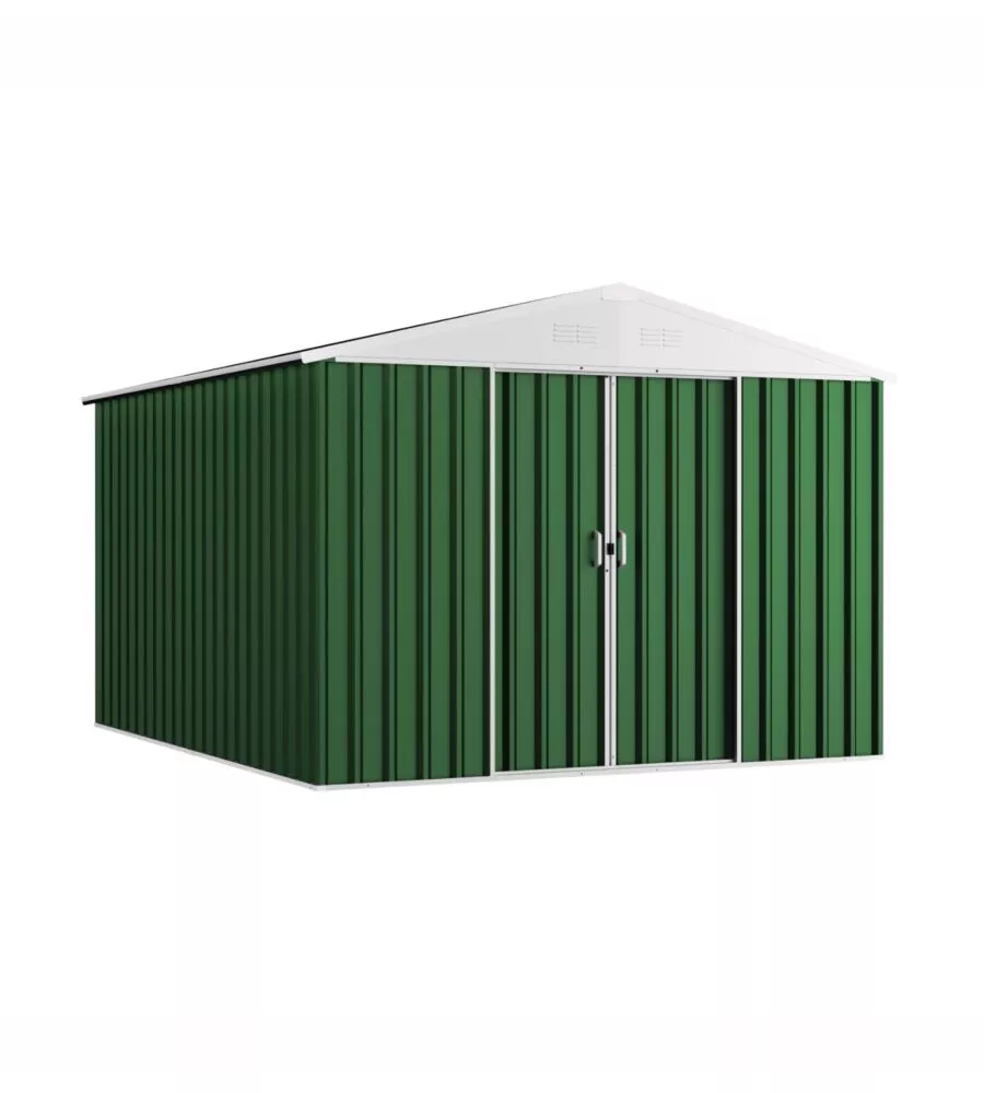 CASETTA DA GIARDINO DOMUS "L NEW" IN METALLO VERDE CON PORTE SCORREVOLI 267X173X194 CM