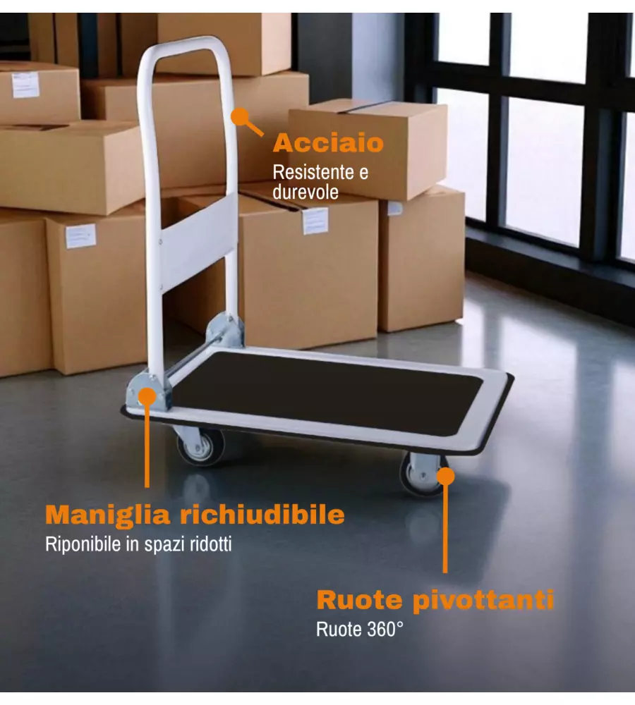 CARRELLO TRASPORTO PIEGHEVOLE EUROGARDEN CON MANICO E RUOTE PIVOTANTI IN ACCIAIO PORTATA 150 KG 73,3X47,7X83 CM