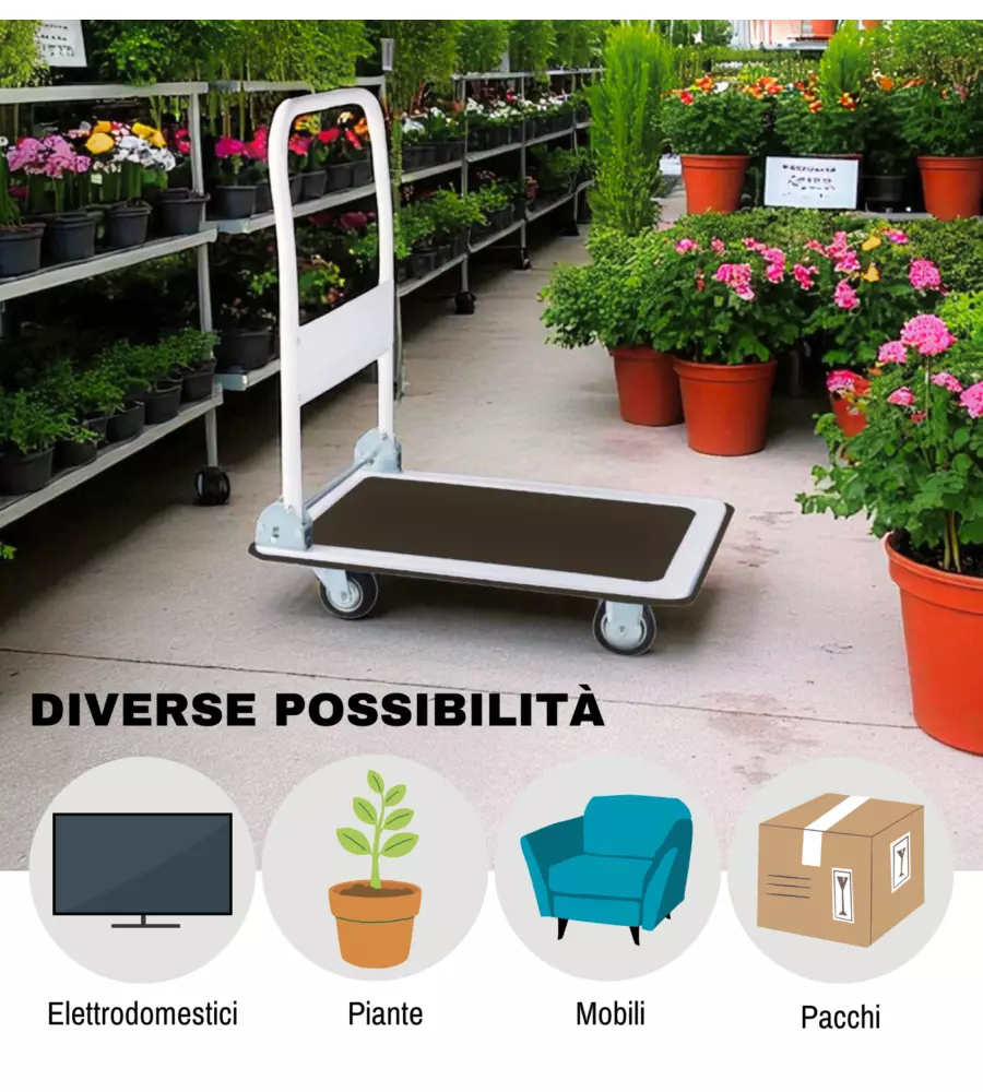 CARRELLO TRASPORTO PIEGHEVOLE EUROGARDEN CON MANICO E RUOTE PIVOTANTI IN ACCIAIO PORTATA 150 KG 73,3X47,7X83 CM