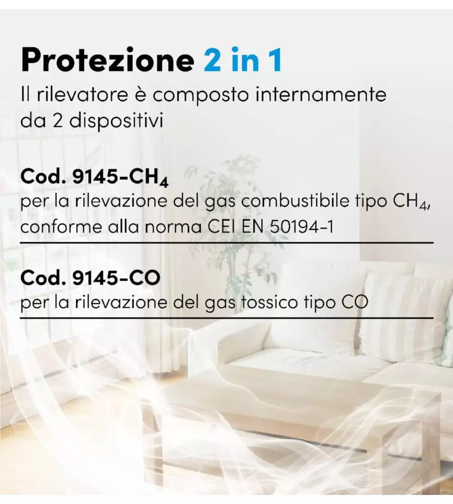 RILEVATORE DI GAS METANO E MONOSSIDO DI CARBONIO BEGHELLI "SENTIGAS DUO DL145" CON SISTEMA DI AUTODIAGNOSI E ALLARME