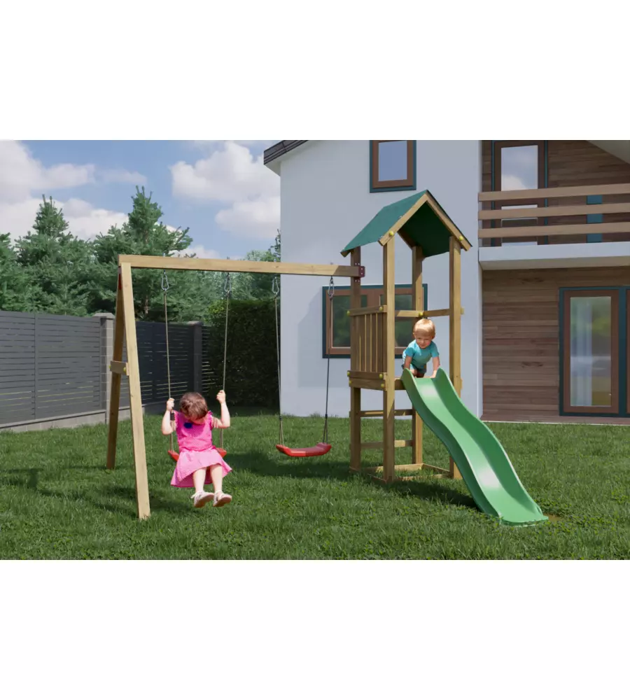 GIOCO PER BAMBINI DA ESTERNO IN LEGNO FUNGOO "LUCAS" CON TORRETTA, 2 ALTALENE E SCIVOLO 310X275X245 CM