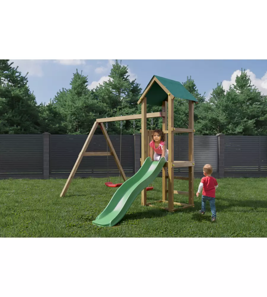 GIOCO PER BAMBINI DA ESTERNO IN LEGNO FUNGOO "LUCAS" CON TORRETTA, 2 ALTALENE E SCIVOLO 310X275X245 CM