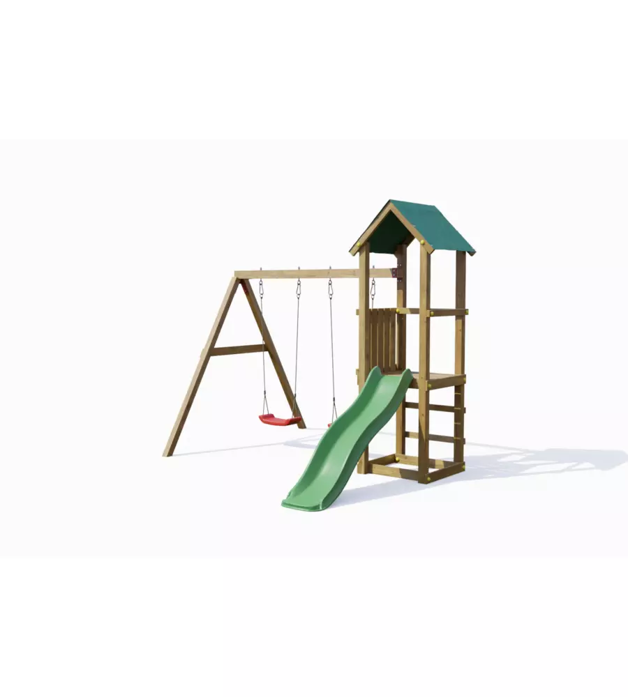GIOCO PER BAMBINI DA ESTERNO IN LEGNO FUNGOO "LUCAS" CON TORRETTA, 2 ALTALENE E SCIVOLO 310X275X245 CM