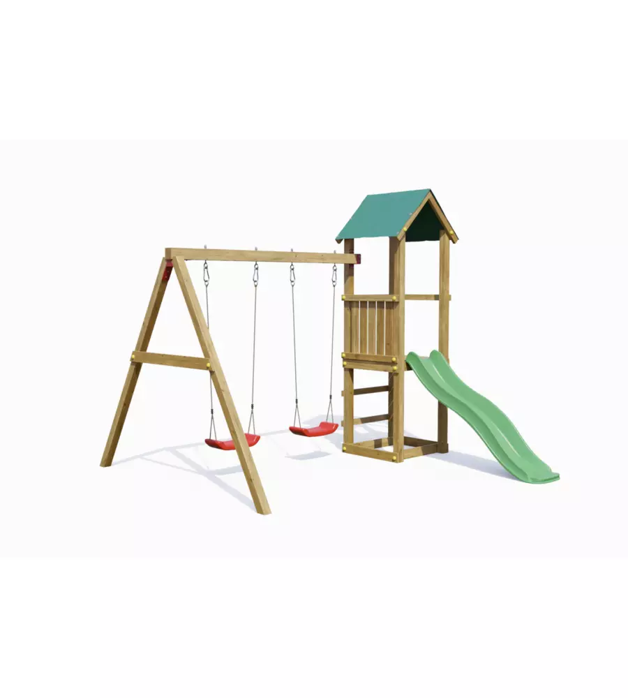 GIOCO PER BAMBINI DA ESTERNO IN LEGNO FUNGOO "LUCAS" CON TORRETTA, 2 ALTALENE E SCIVOLO 310X275X245 CM