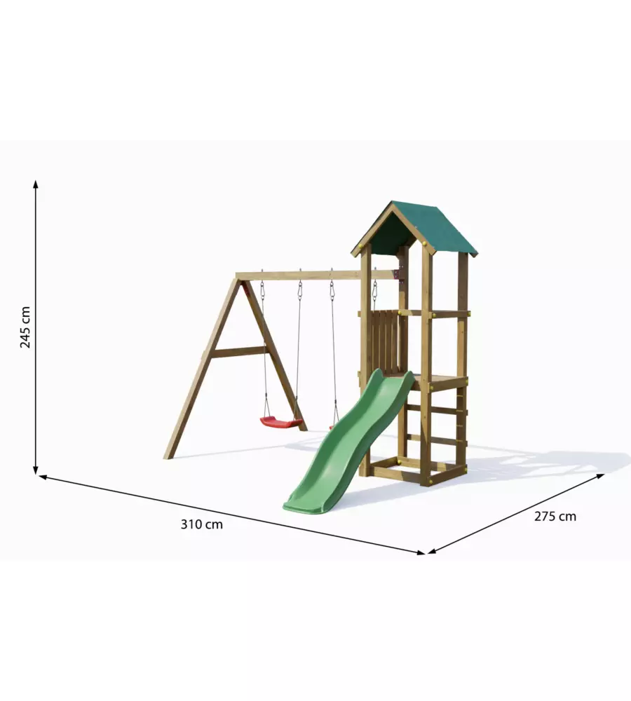 GIOCO PER BAMBINI DA ESTERNO IN LEGNO FUNGOO "LUCAS" CON TORRETTA, 2 ALTALENE E SCIVOLO 310X275X245 CM