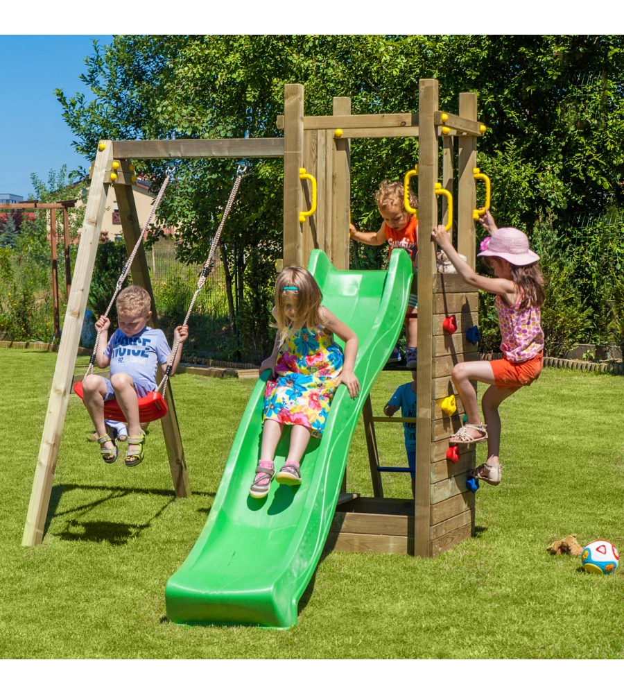 GIOCO PER BAMBINI DA ESTERNO IN LEGNO FUNGOO "FUNNY 3" CON TORRETTA, ALTALENA, SCIVOLO E PARETE DA ARRRAMPICATA 290X200X210 CM
