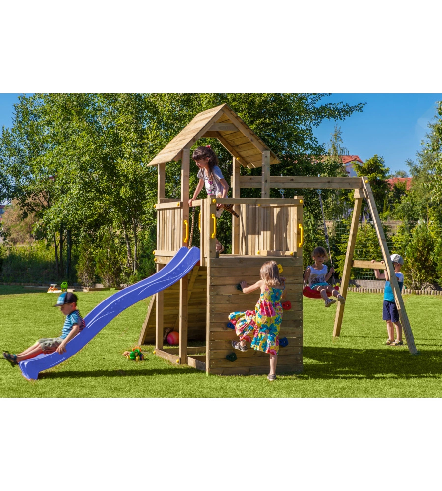 GIOCO PER BAMBINI DA ESTERNO IN LEGNO FUNGOO "CAROL 3" CON TORRETTA, ALTALENA, SCIVOLO, PARETE DA ARRRAMPICATA E RAMPA CON CORDA 310X460X282 CM