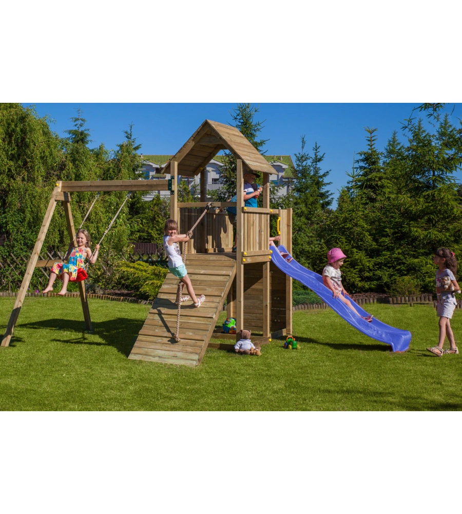 GIOCO PER BAMBINI DA ESTERNO IN LEGNO FUNGOO "CAROL 3" CON TORRETTA, ALTALENA, SCIVOLO, PARETE DA ARRRAMPICATA E RAMPA CON CORDA 310X460X282 CM