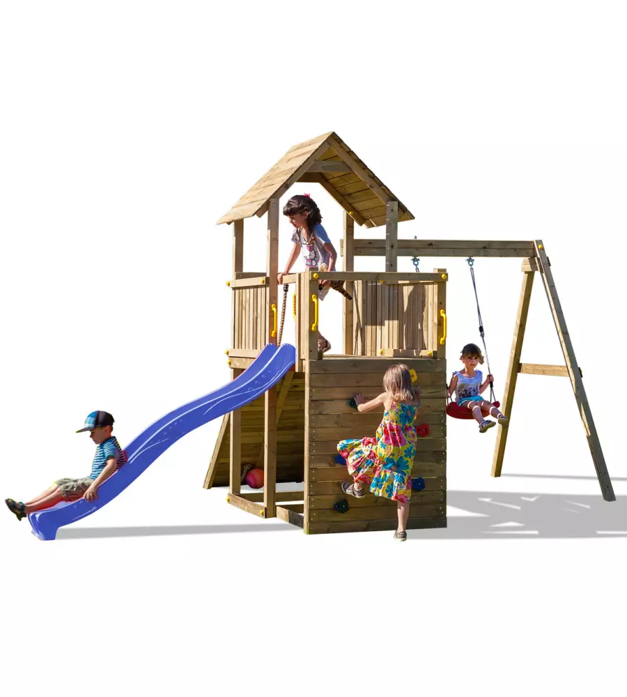 GIOCO PER BAMBINI DA ESTERNO IN LEGNO FUNGOO "CAROL 3" CON TORRETTA, ALTALENA, SCIVOLO, PARETE DA ARRRAMPICATA E RAMPA CON CORDA 310X460X282 CM