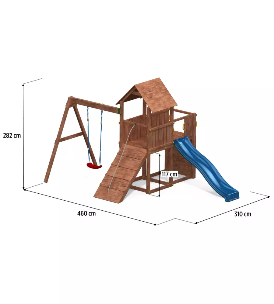 GIOCO PER BAMBINI DA ESTERNO IN LEGNO FUNGOO "CAROL 3" CON TORRETTA, ALTALENA, SCIVOLO, PARETE DA ARRRAMPICATA E RAMPA CON CORDA 310X460X282 CM