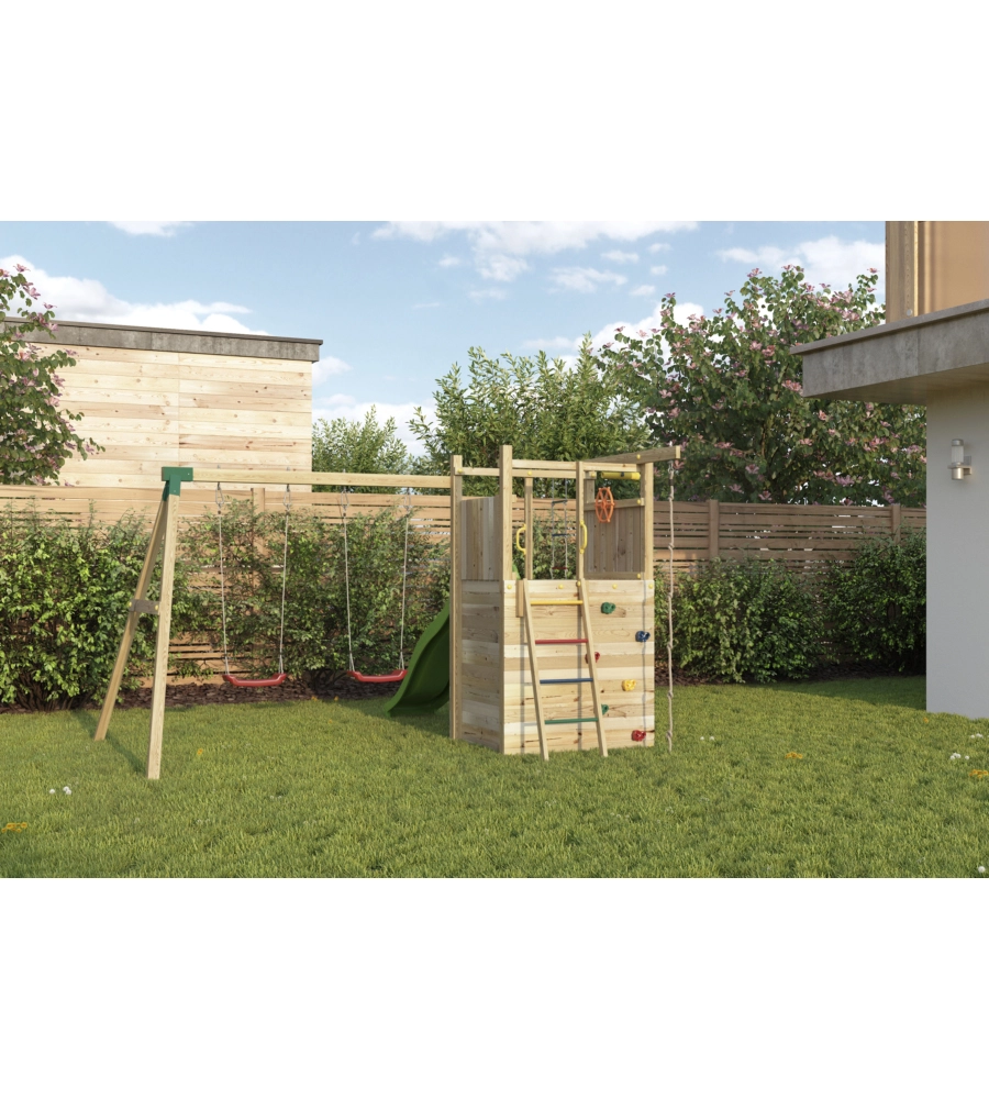 GIOCO PER BAMBINI DA ESTERNO IN LEGNO FUNGOO "HOUSER" CON TORRETTA, 2 ALTALENE, CORDA DA ARRAMPICATA E SCALA IN CORDA 343X363X220 CM