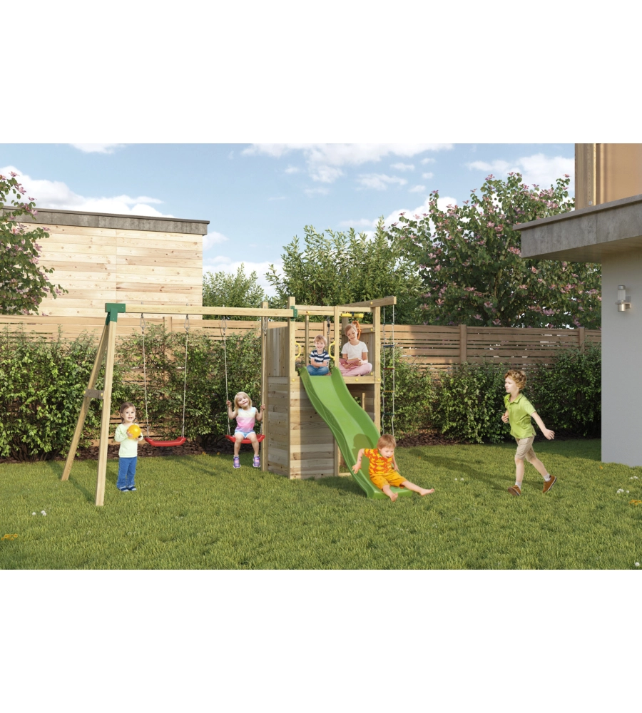 GIOCO PER BAMBINI DA ESTERNO IN LEGNO FUNGOO "HOUSER" CON TORRETTA, 2 ALTALENE, CORDA DA ARRAMPICATA E SCALA IN CORDA 343X363X220 CM