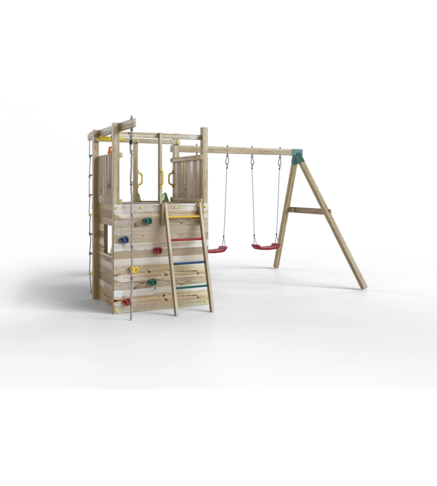 GIOCO PER BAMBINI DA ESTERNO IN LEGNO FUNGOO "HOUSER" CON TORRETTA, 2 ALTALENE, CORDA DA ARRAMPICATA E SCALA IN CORDA 343X363X220 CM