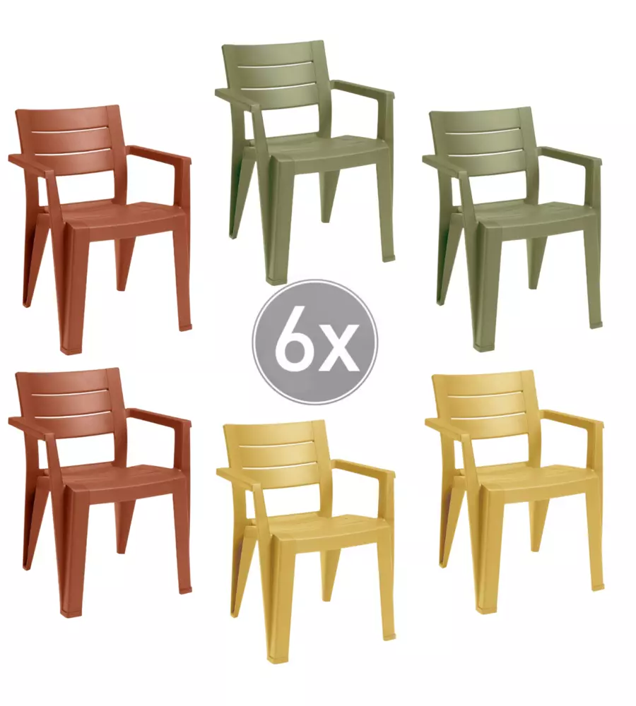 SET 6 SEDIE DA ESTERNO IMPILABILI KETER "JULIE" IN POLIPROPILENE 2 VERDE, 2 ROSSO, 2 GIALLO EFFETTO LEGNO 61,5X58,5X79 CM