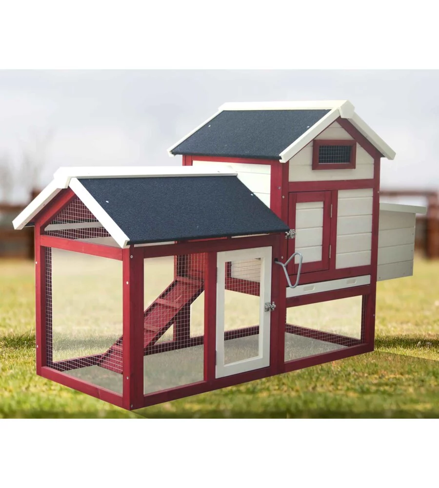CASETTA POLLAIO PER GALLINE IN LEGNO HABRITA "PO 1562" ROSSO E BIANCO 152X62X92 CM