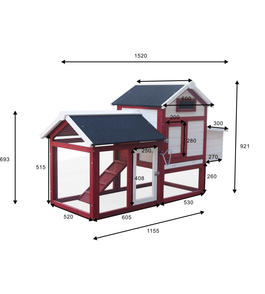 CASETTA POLLAIO PER GALLINE IN LEGNO HABRITA "PO 1562" ROSSO E BIANCO 152X62X92 CM