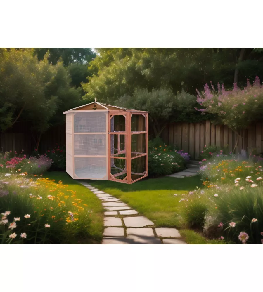 VOLIERA ESAGONALE DA ESTERNO IN LEGNO HABRITA "PO H 23" 235X235X238 CM