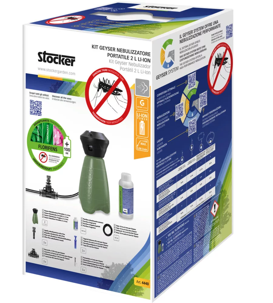 KIT GEYSER NEBULIZZATORE ANTIZANZARE A BATTERIA STOCKER 2L 2,5 BAR 3,6V 2,5AH CON TUBO DIFFUSORE DA 10 M E DISABITUANTE FLORIFENS 100 ML