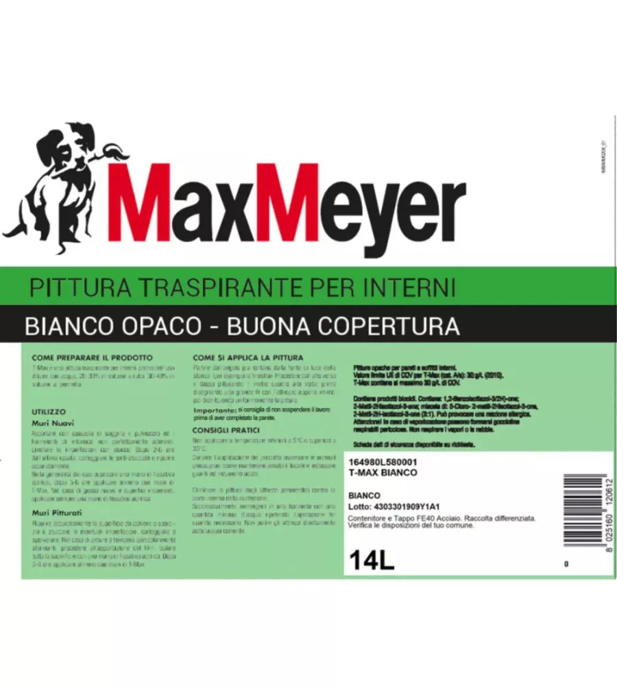 PITTURA MURALE TRASPIRANTE MAX MEYER "T-MAX" BIANCO 14 LT