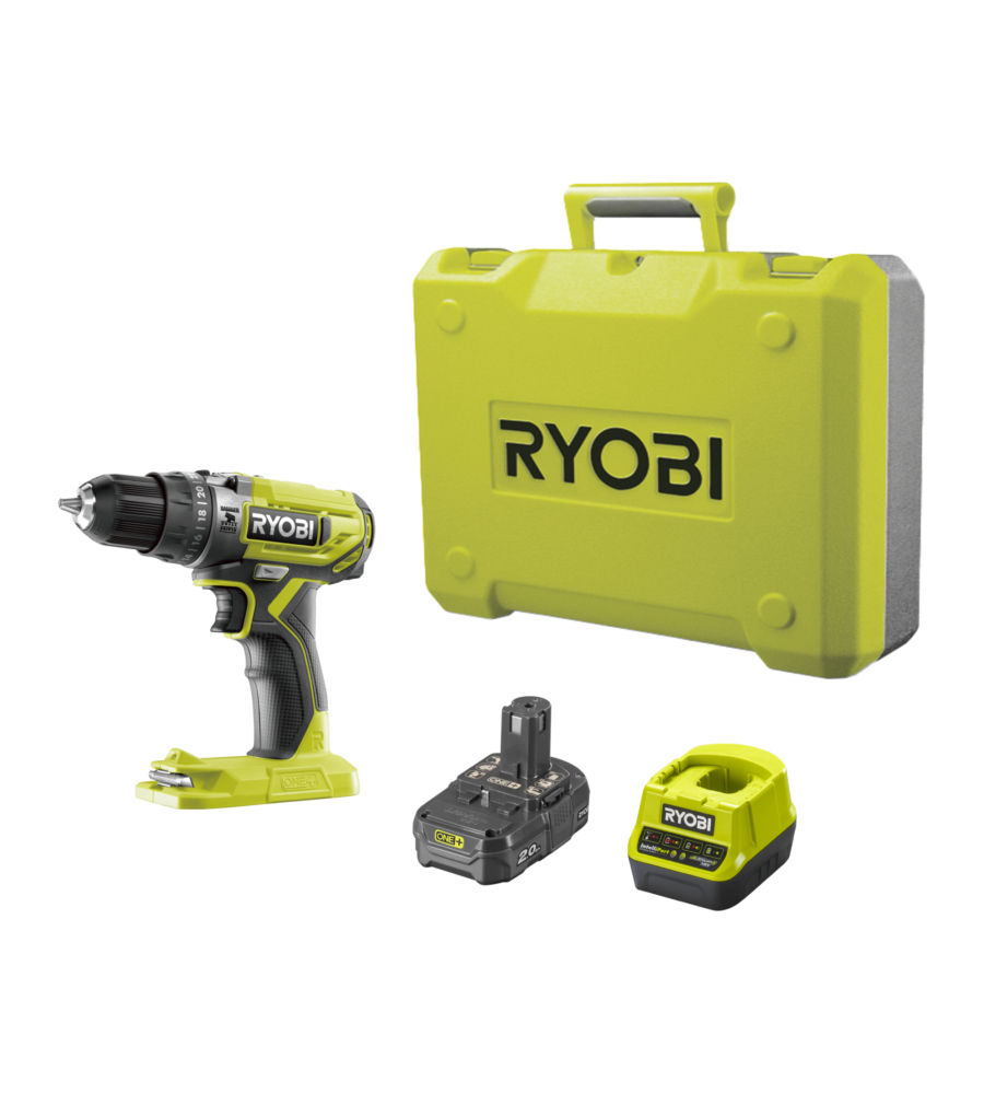 KIT VALIGETTA TRAPANO AVVITATORE A PERCUSSIONE A BATTERIA RYOBI "R18PD2-120B" 18V 2AH E CARICABATTERIE