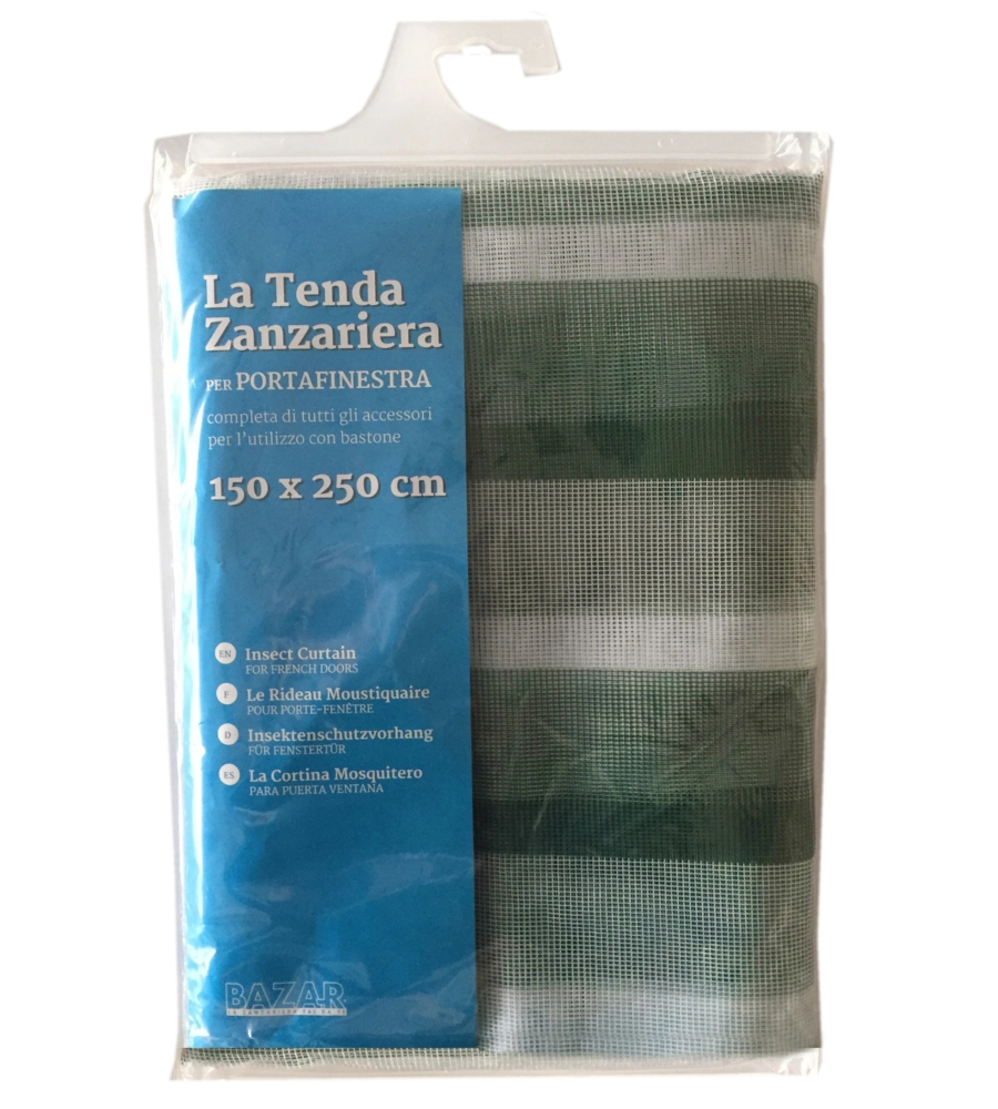 TENDA ZANZARIERA AD ANELLI PER PORTAFINESTRA FANTASIA A RIGHE BIANCO E VERDE 150X250 CM