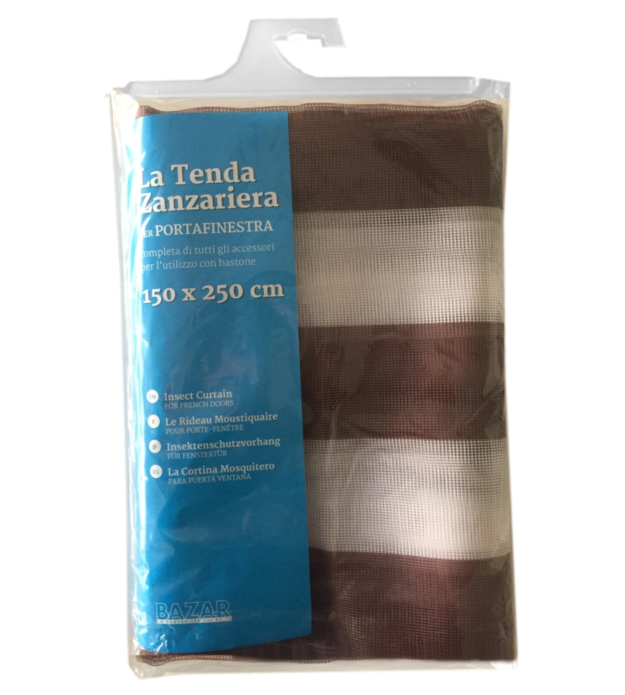 TENDA ZANZARIERA AD ANELLI PER PORTAFINESTRA FANTASIA A RIGHE BIANCO E MARRONE 150X250 CM
