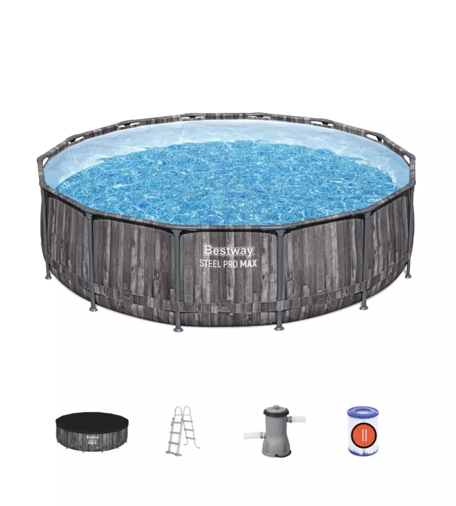 PISCINA FUORI TERRA CON STRUTTURA ROTONDA BESTWAY "STEEL PRO MAX" EFFETTO LEGNO SCURO 427X427X107 CM