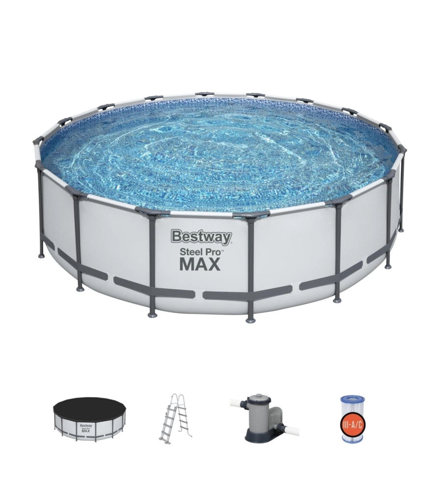 PISCINA FUORI TERRA CONN STRUTTURA ROTONDA BESTWAY "STEEL PRO MAX" GRIGIO CHIARO 488X488X122 CM