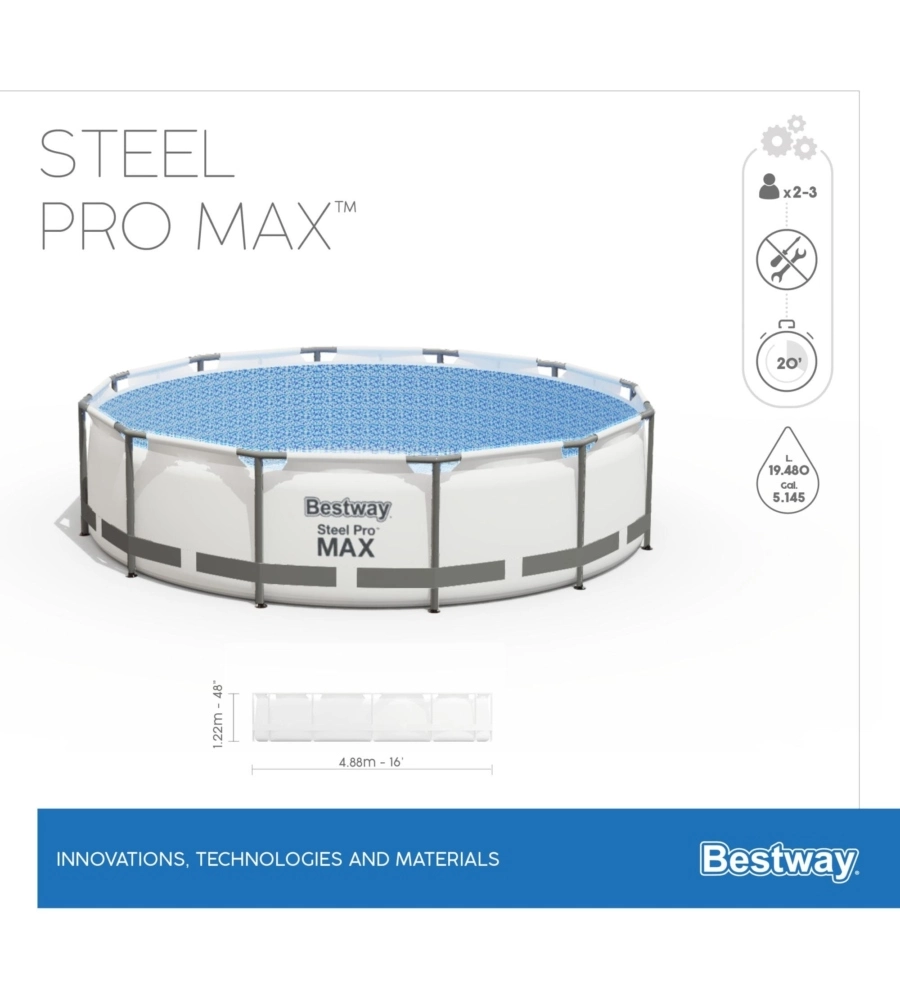 PISCINA FUORI TERRA CONN STRUTTURA ROTONDA BESTWAY "STEEL PRO MAX" GRIGIO CHIARO 488X488X122 CM