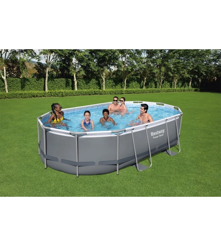 PISCINA FUORI TERRA CON STRUTTURA OVALE BESTWAY "POWER STEEL" GRIGIO SCURO 488x305x107 CM