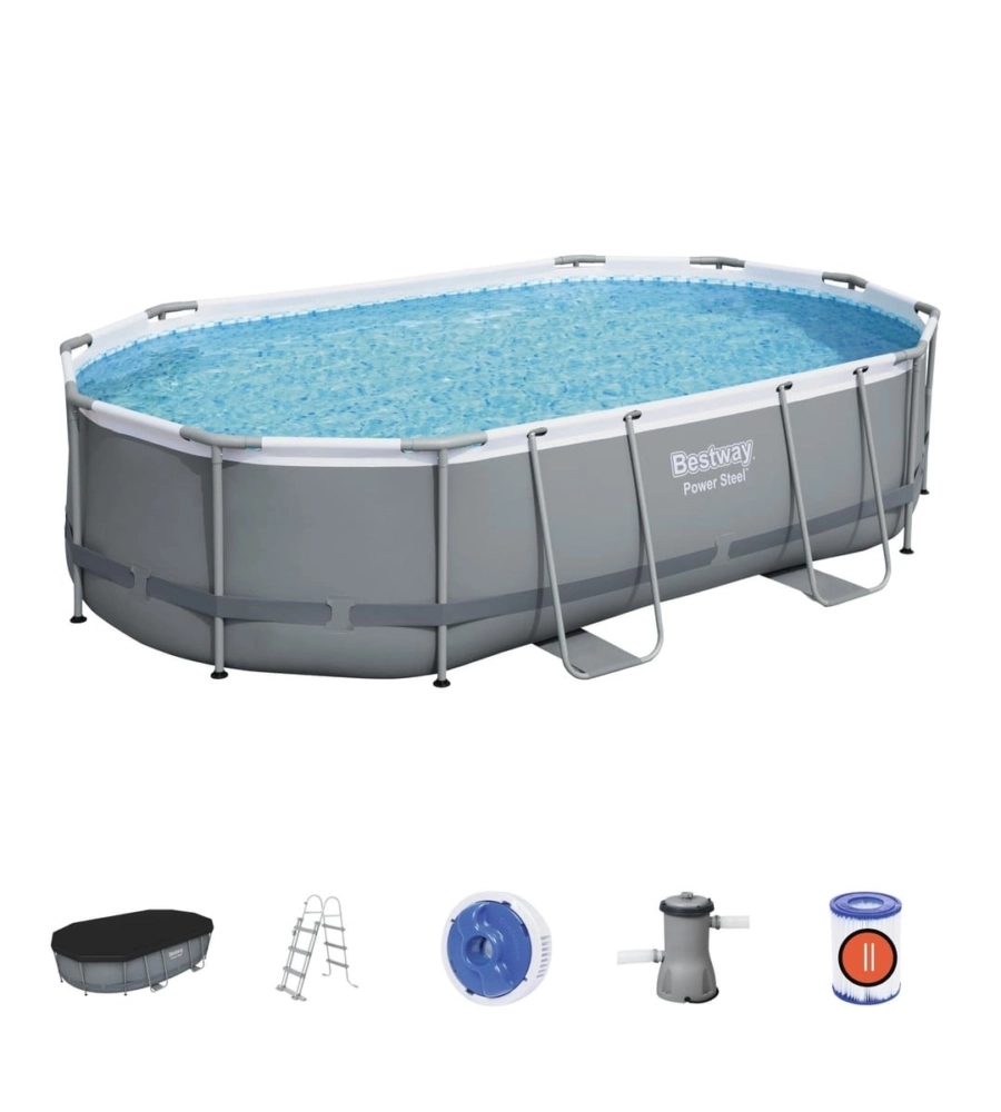 PISCINA FUORI TERRA CON STRUTTURA OVALE BESTWAY "POWER STEEL" GRIGIO SCURO 488x305x107 CM