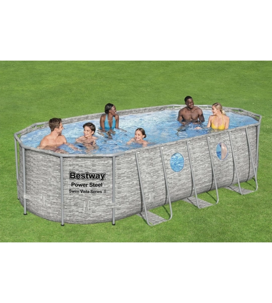 PISCINA FUORI TERRA CON STRUTTURA OVALE BESTWAY "POWER STEEL SWIM VISTA" EFFETTO PIETRA 549x274x122 CM