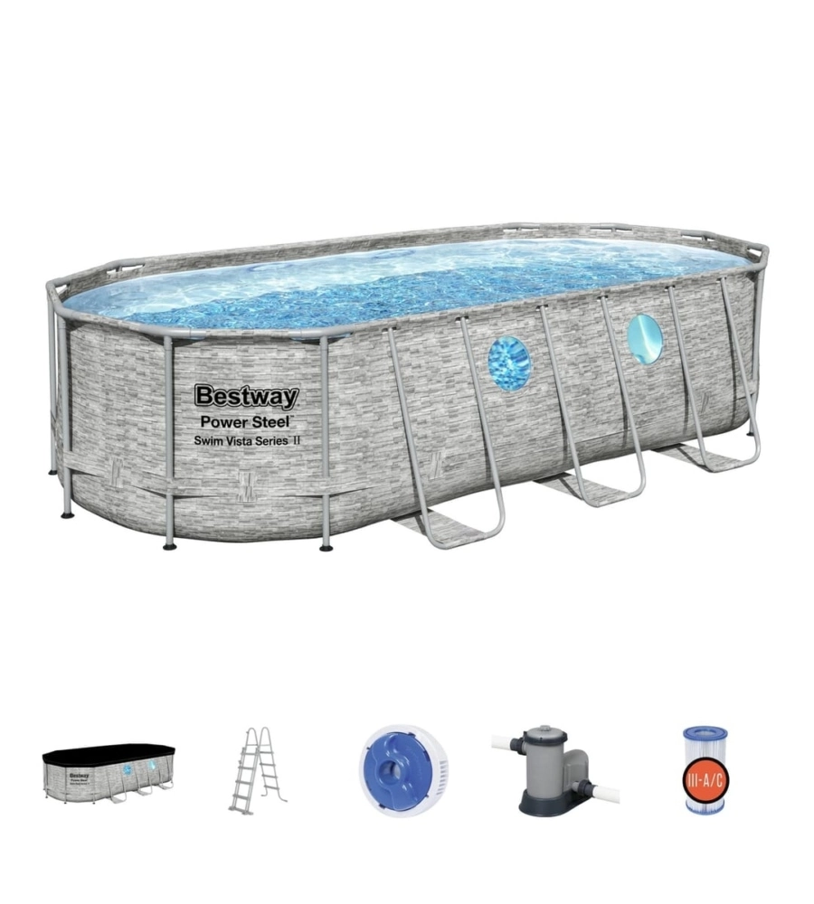 PISCINA FUORI TERRA CON STRUTTURA OVALE BESTWAY "POWER STEEL SWIM VISTA" EFFETTO PIETRA 549x274x122 CM