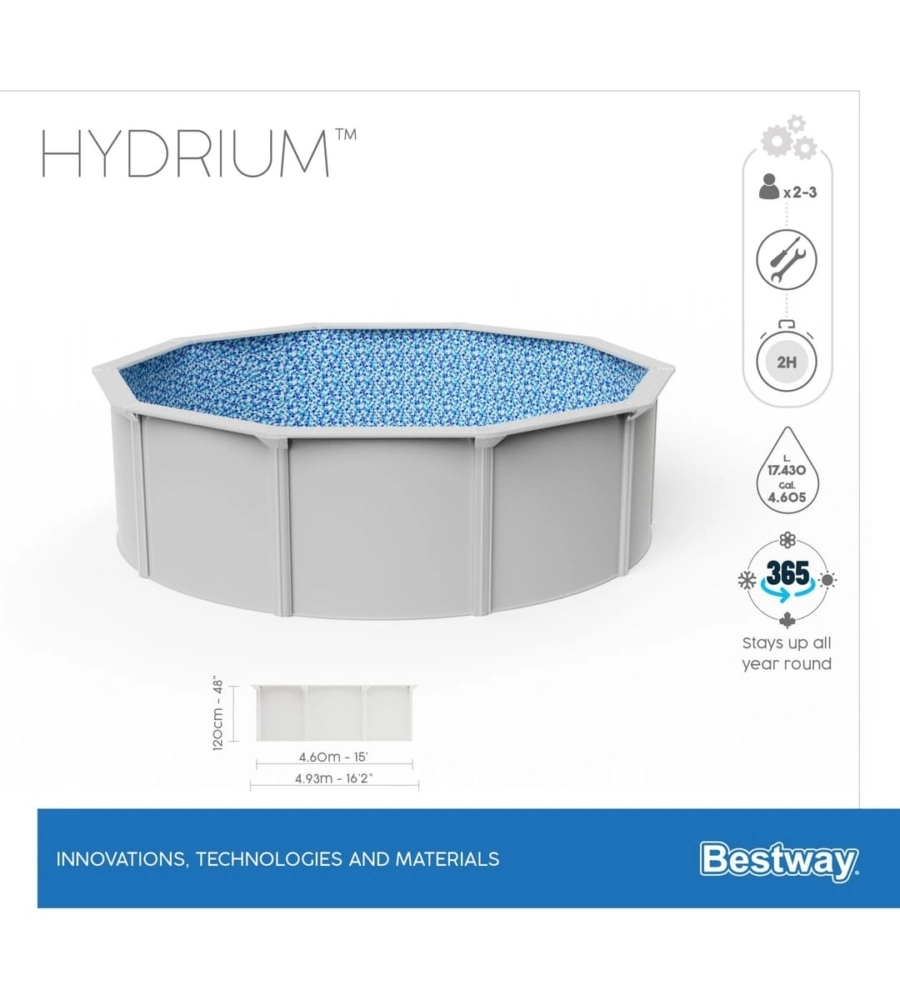 PISCINA FUORI TERRA ROTONDA BESTWAY "HYDRIUM" GRIGIO CHIARO 460X460X120 CM