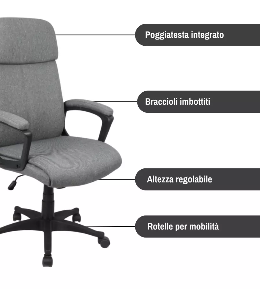 SEDIA DA UFFICIO BELLAHOME "BERKELEY" IN TESSUTO GRIGIO MELANGE 68X57X112-122 CM