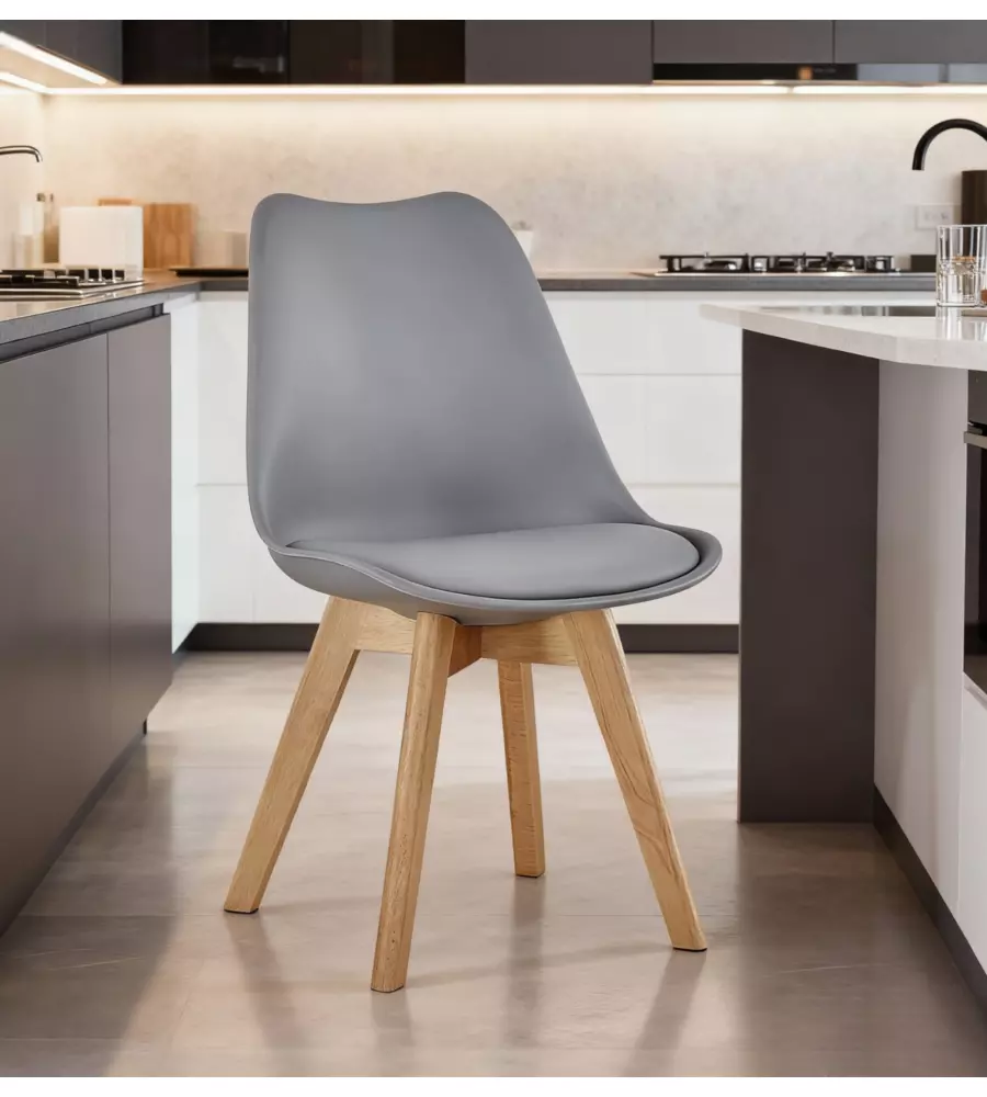 SEDIA DA PRANZO "LEILA" GRIGIO CON GAMBE IN LEGNO 6 PEZZI