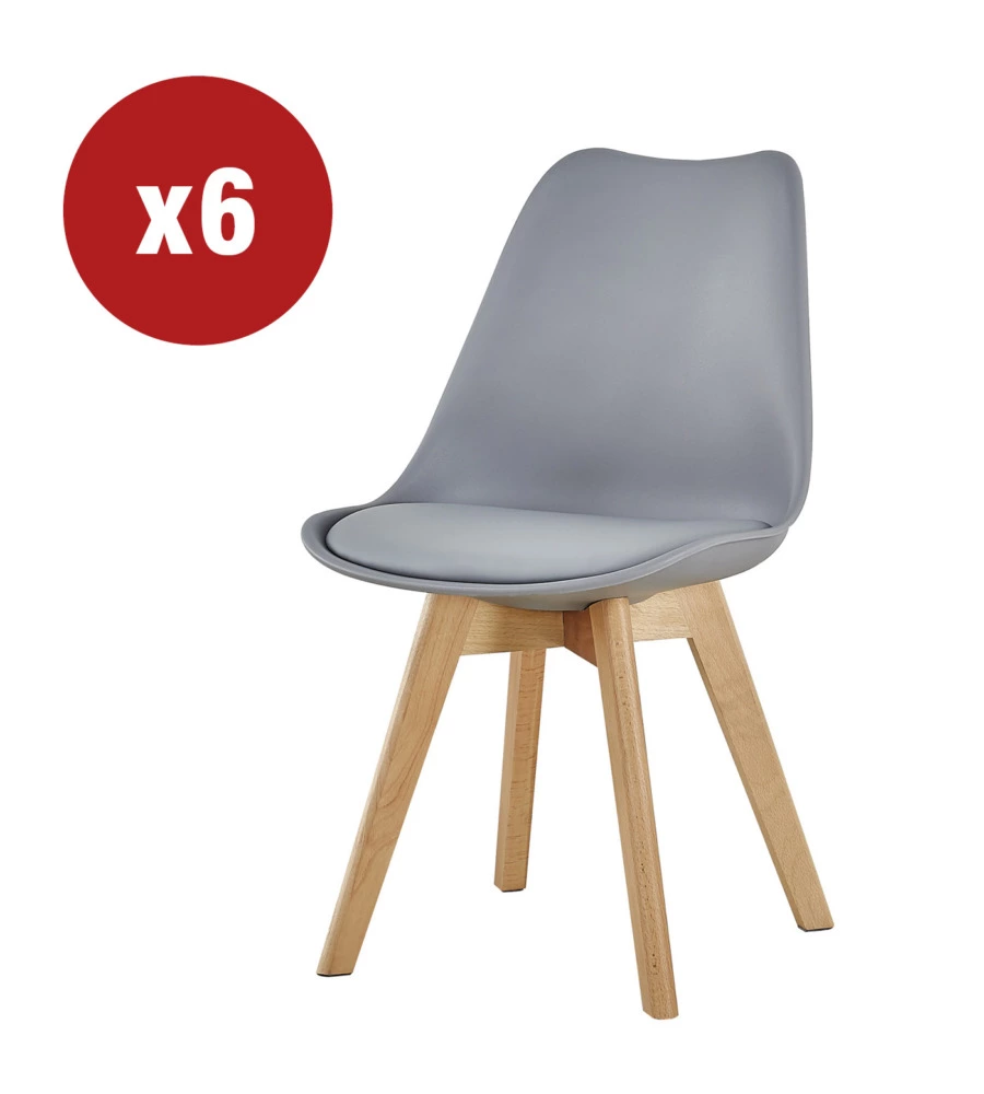 SEDIA DA PRANZO "LEILA" GRIGIO CON GAMBE IN LEGNO 6 PEZZI