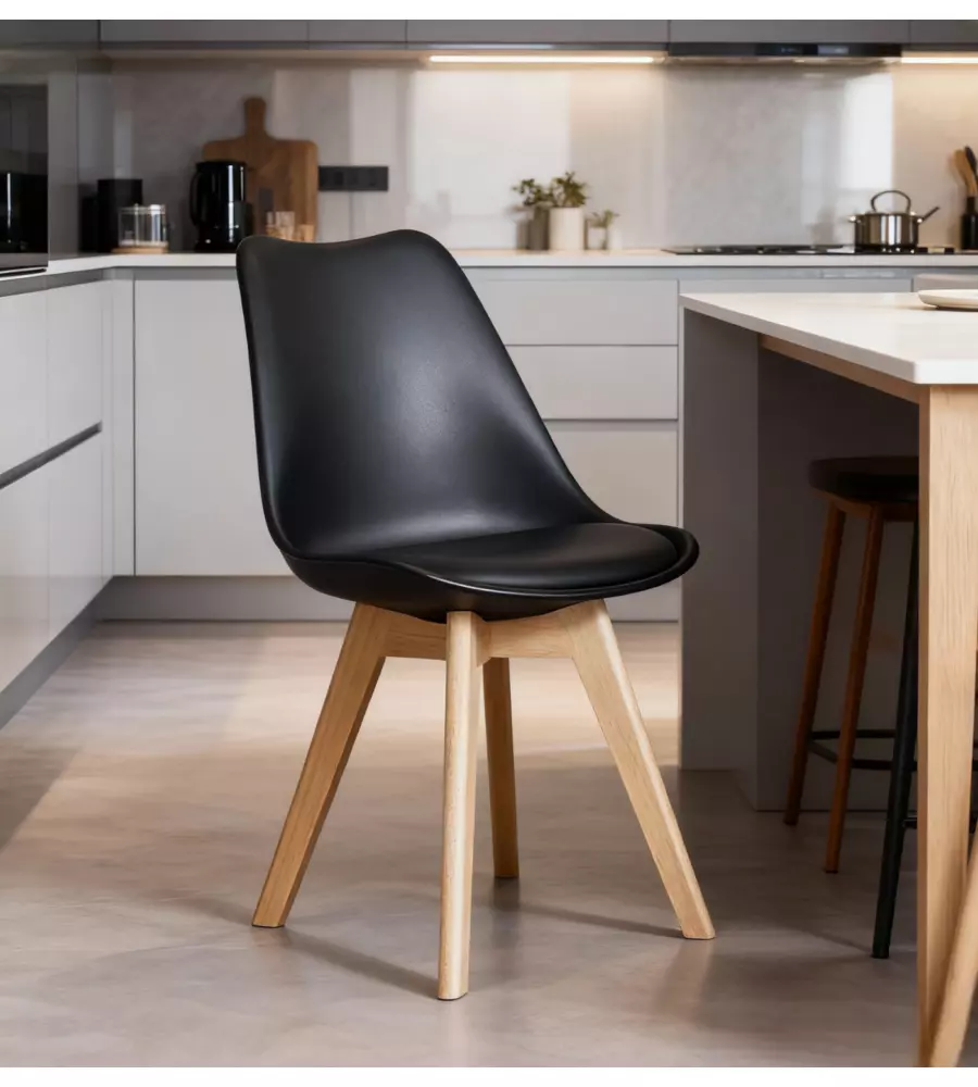 SEDIA DA PRANZO "LEILA" NERO CON GAMBE IN LEGNO 6 PEZZI