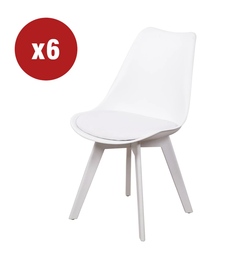 SEDIA DA PRANZO "KELLY" BIANCA CON GAMBE IN LEGNO IN TINTA 6 PEZZI
