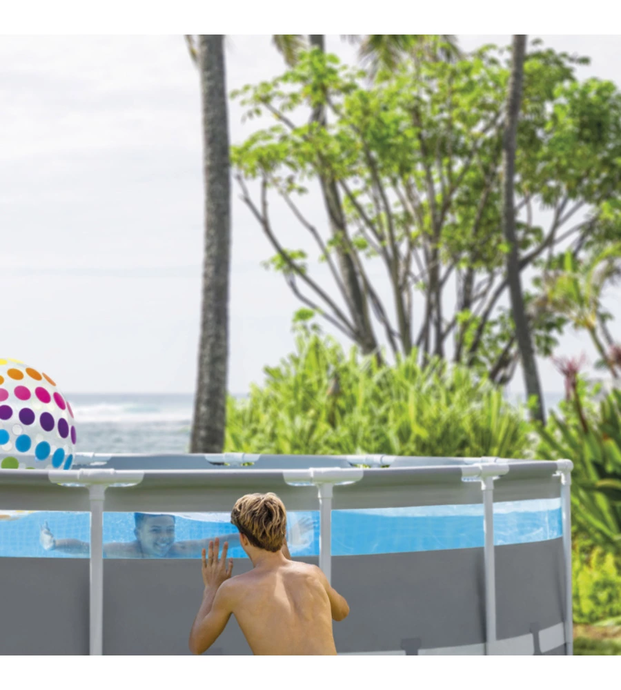 PISCINA FUORI TERRA CON STRUTTURA ROTONDA INTEX "PRISMA FRAME CLEARVIEW" GRIGIO CHIARO 488X488X122 CM - COD. 26730NP