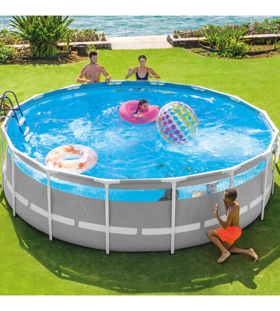 PISCINA FUORI TERRA CON STRUTTURA ROTONDA INTEX "PRISMA FRAME CLEARVIEW" GRIGIO CHIARO 488X488X122 CM - COD. 26730NP