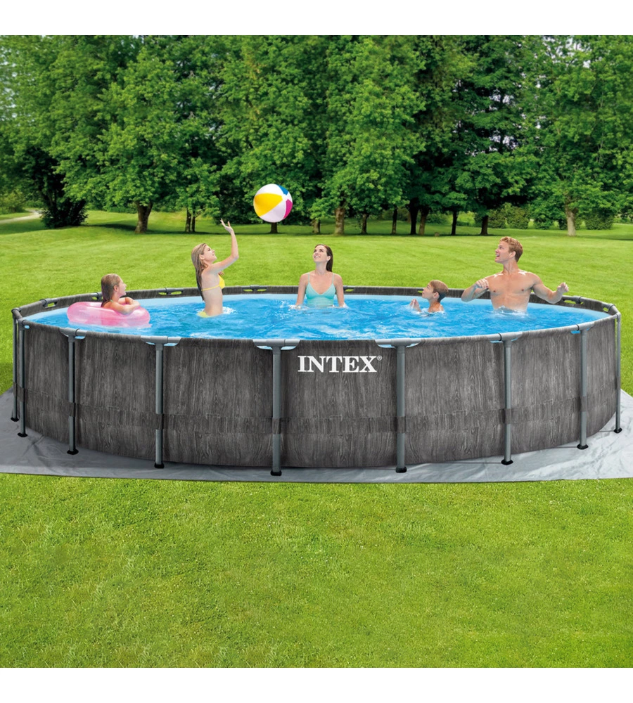 PISCINA FUORI TERRA CON STRUTTURA ROTONDA INTEX "PRISMA FRAME GREYWOOD" EFFETTO LEGNO ANTRACITE 549X549X122 CM - COD. 26744NP