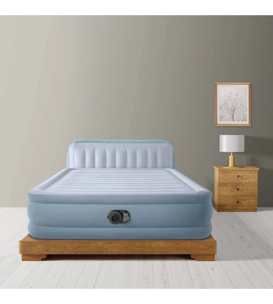 MATERASSO MATRIMONIALE GONFIABILE INTEX "PLUSH HEADBOARD" AZZURRO CON POGGIATESTA 152X203X86 CM - COD. 64450ND