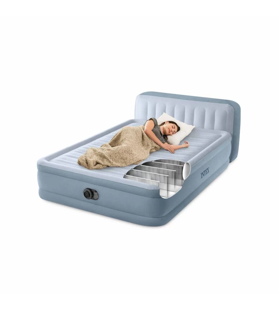 MATERASSO MATRIMONIALE GONFIABILE INTEX "PLUSH HEADBOARD" AZZURRO CON POGGIATESTA 152X203X86 CM - COD. 64450ND