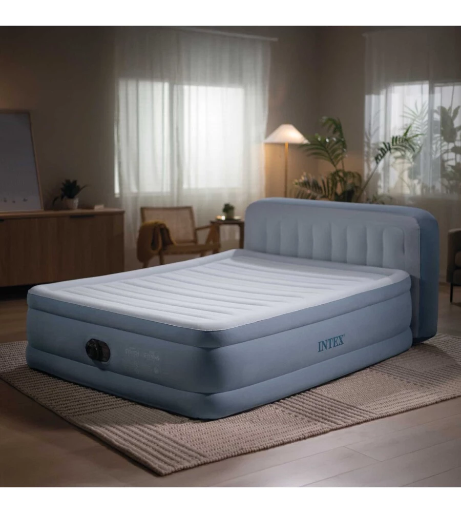 MATERASSO MATRIMONIALE GONFIABILE INTEX "PLUSH HEADBOARD" AZZURRO CON POGGIATESTA 152X203X86 CM - COD. 64450ND